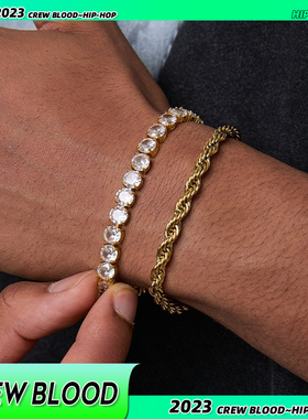CREW欧美嘻哈叠戴网球手链金色锆石镶嵌麻花手链小众送男友礼物