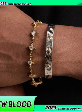 CREW复古叠戴拼接四芒星手链男士健身小众百搭不掉色手镯