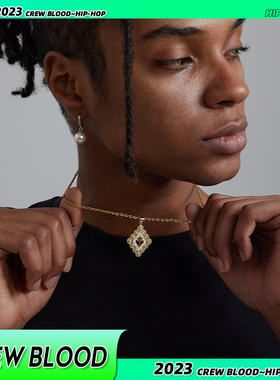 CREW欧美菱形珍珠镶嵌项链钛钢金色hiphop小众街头配饰男女