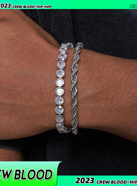 CREW欧美嘻哈叠戴网球手链锆石镶嵌麻花手链小众复古送男友礼物