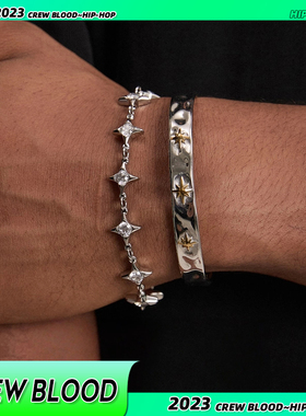 CREW复古叠戴拼接四芒星手链男士健身小众百搭不掉色手镯