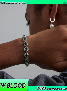 CREW欧美绿色锆石拼接网球手链男美式hiphop小众街头手镯情侣