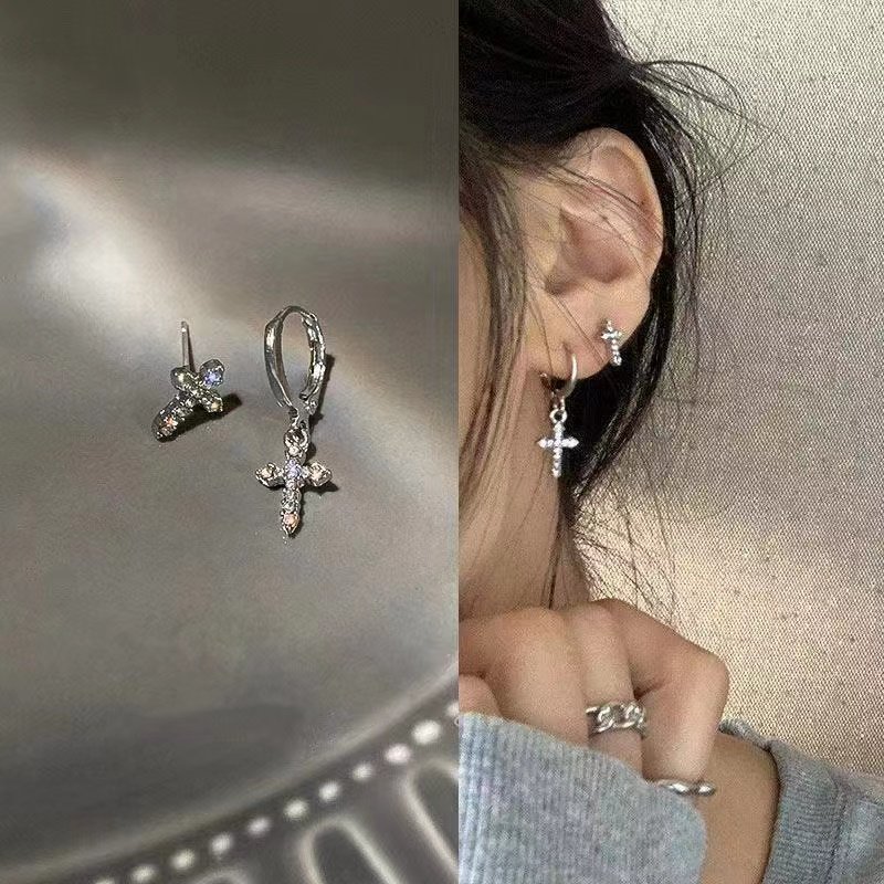 不对称耳环女十字架耳钉