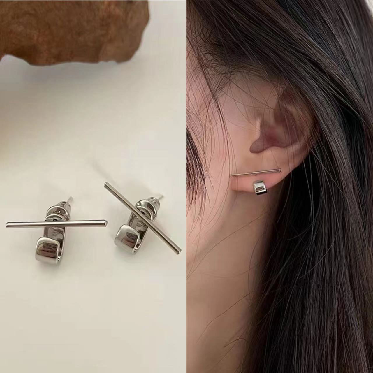 s925银针一字u形耳钉简约女小巧韩国气质网红个性耳环冷淡风耳饰