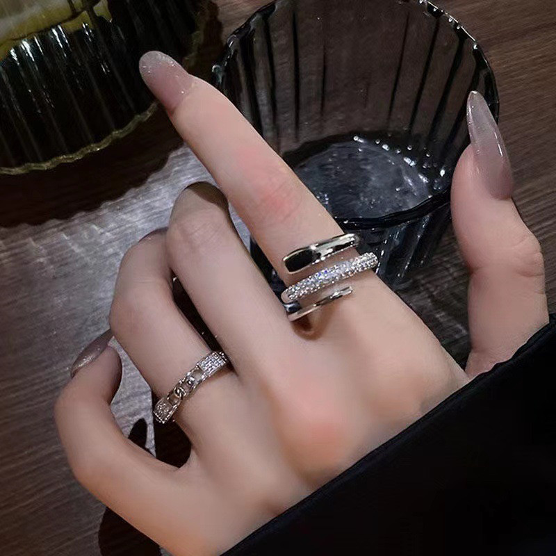 轻奢小众设计两件套开口戒指女时尚个性网红同款精致微镶食指环潮