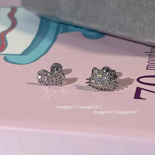 可爱满钻KT猫咪蝴蝶结精致少女钛钢平底螺丝耳钉耳骨钉