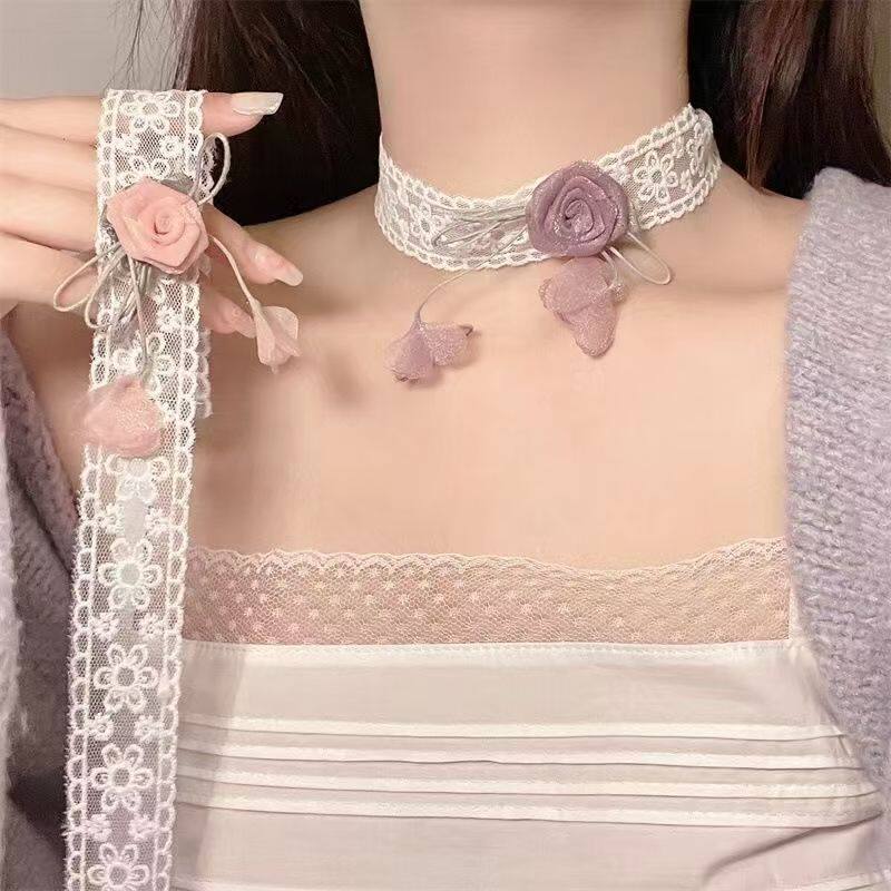 性感白色蕾丝酒红复古玫瑰花choker优雅系带项圈脖子饰品晚会配饰