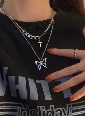 蝴蝶叠戴嘻哈风设计感五金锁骨链