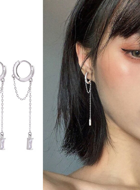 s925纯银耳圈耳环女耳扣个性链条耳钉2026年新款潮不对称耳饰