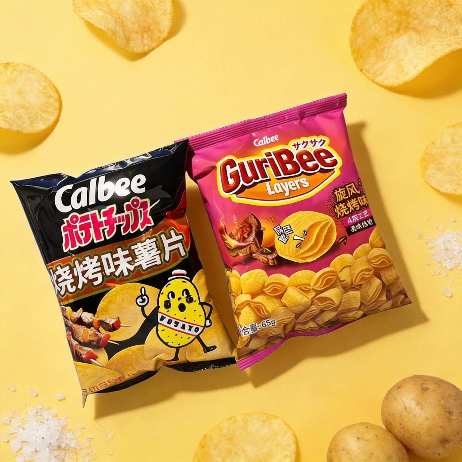 Calbee薯片烧烤味60克GuriBee烧烤味层层脆临期薯片特价