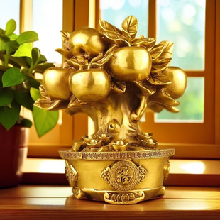 黄铜苹果树摆件发财树平安树摇居客厅玄关装饰工艺品乔迁开业礼品