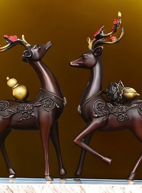 中式创意铜鹿一对百财福鹿摆件一路发财客厅书房办公室桌面摆件o