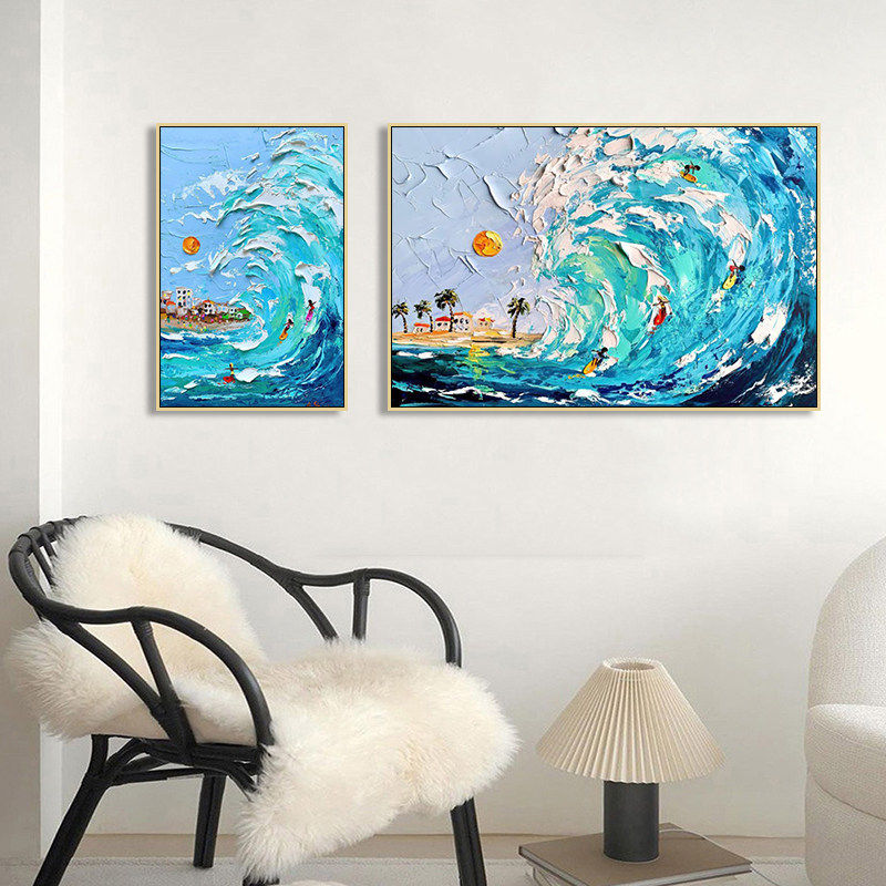 地中海风情小镇海浪手绘油画民宿餐厅蓝色系立体肌理风景墙装饰画