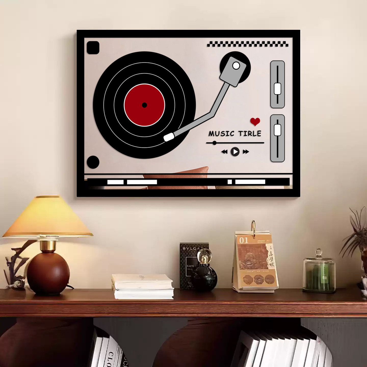 黑胶唱片机镜子装饰画客厅沙发背景墙录像带镜面挂画卧室房间壁画