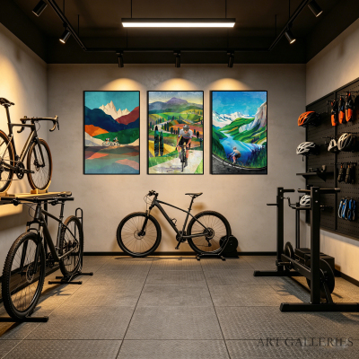 山地自行车落日装饰画北欧几何环法单车店挂画骑行工作室客厅壁画