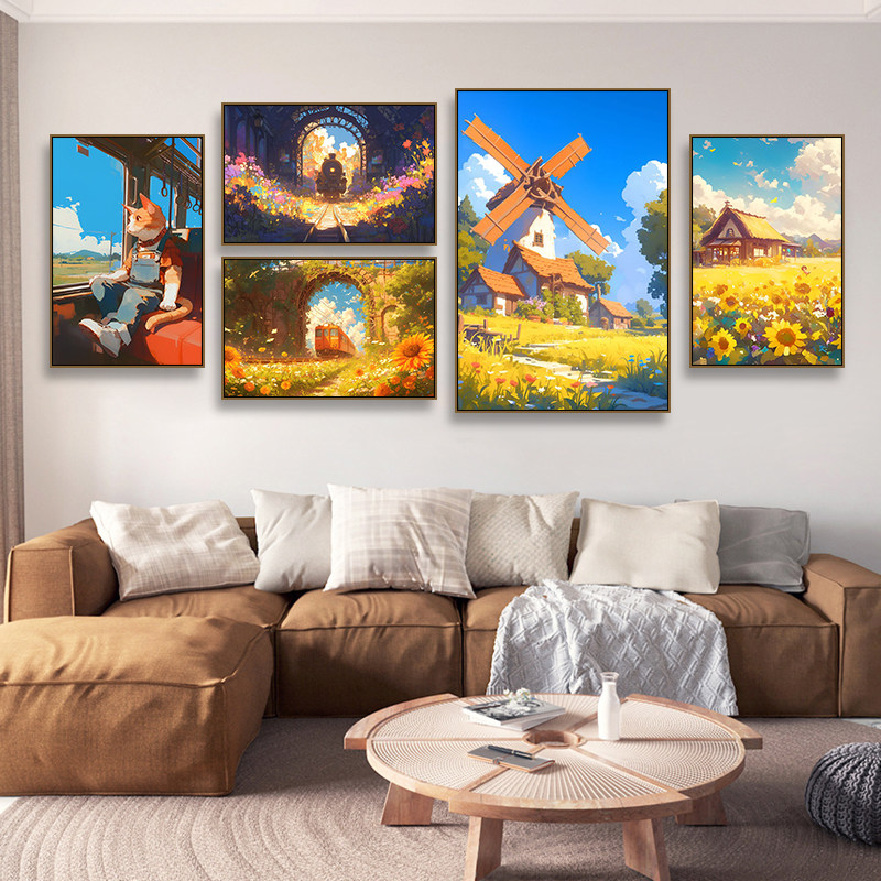 夏日手绘风景装饰画动漫治愈系宫崎骏风格客厅挂画唯美卧室壁画