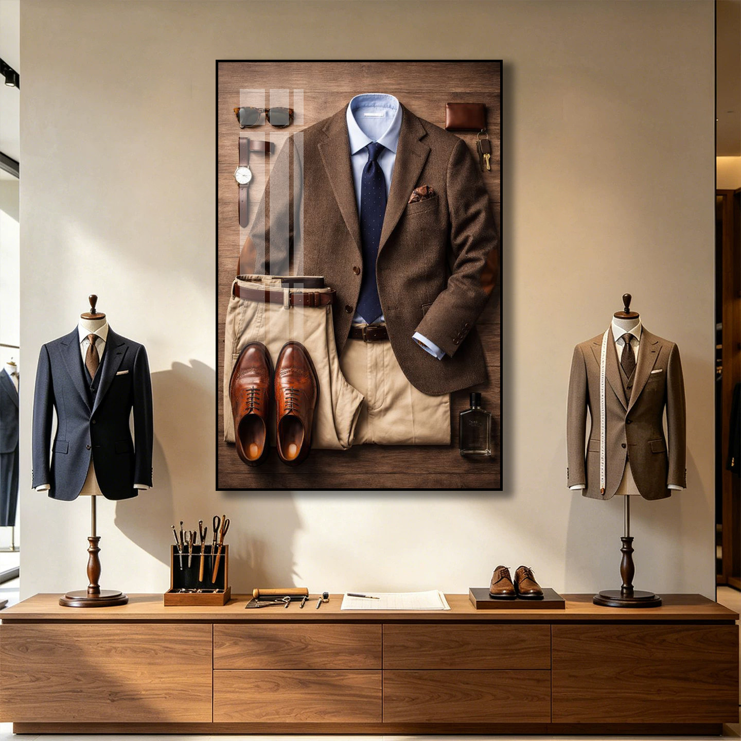 美式复古男士西装装饰画高档服装店挂画西服定制工作室裁缝店壁画