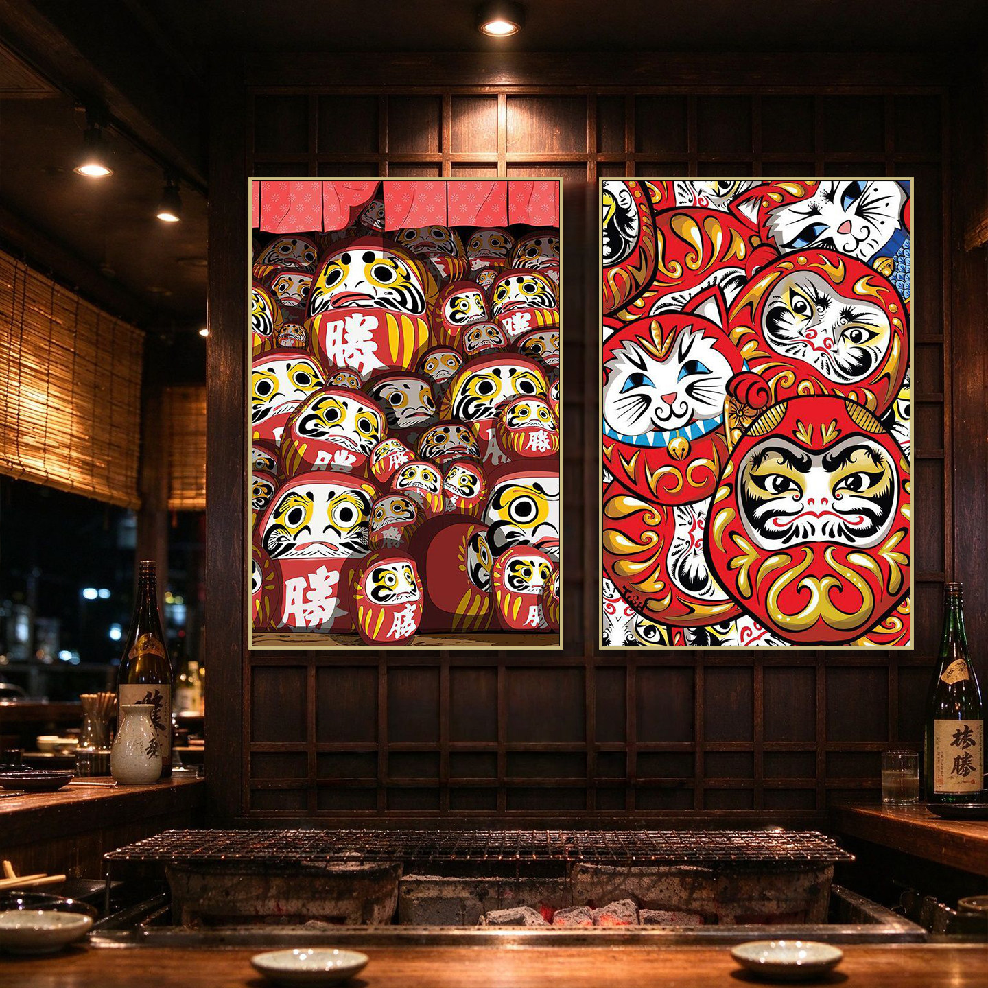 日式达摩招财猫装饰画居酒屋挂画日料店寿司店餐厅和风国潮墙壁画