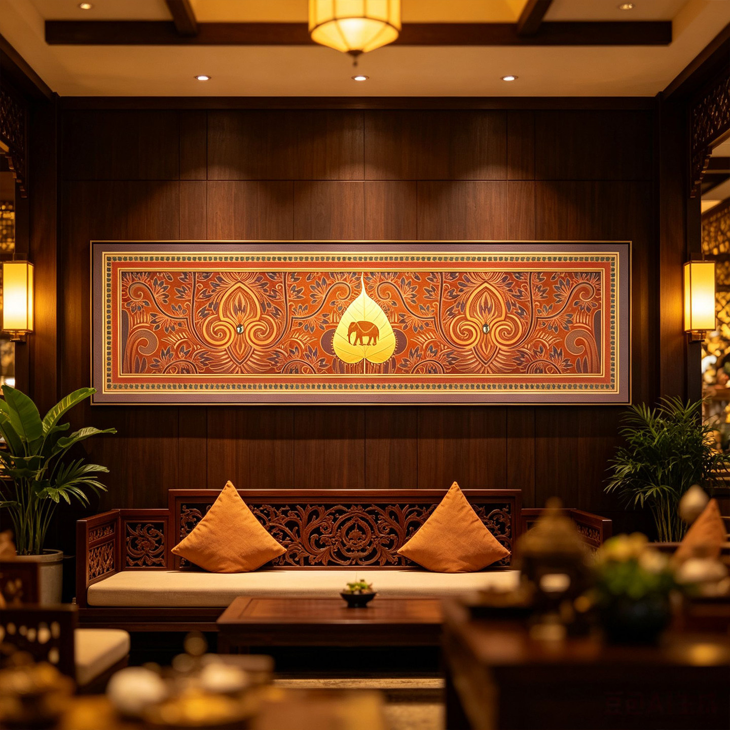东南亚风大象菩提叶装饰画餐厅会所背景墙挂画泰国民族风复古壁画