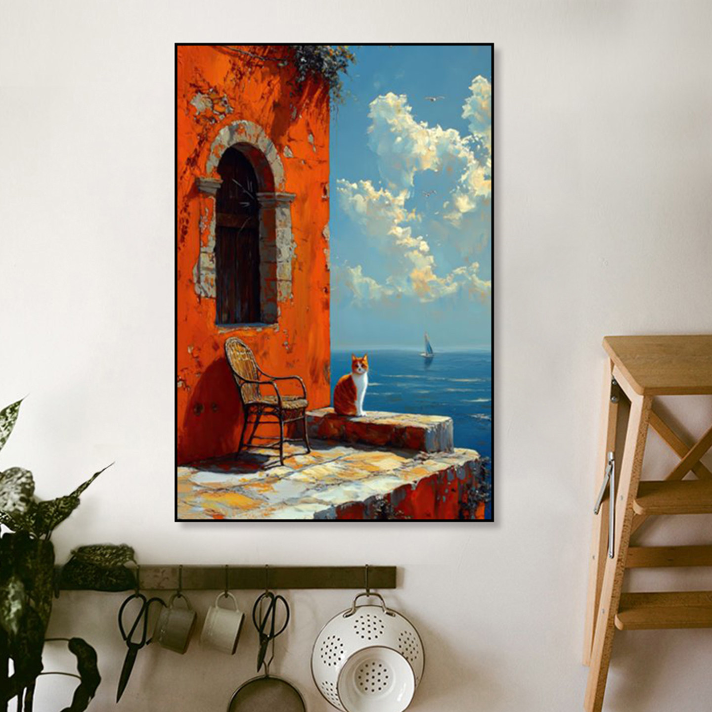 大海延伸感壁画油画风猫咪看风景挂画地中海爱琴海守望等待装饰画