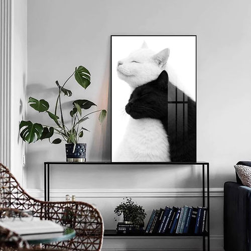 黑色拥抱小猫装饰画现代简约黑白配猫咪挂画恩爱情侣卧室动物壁画