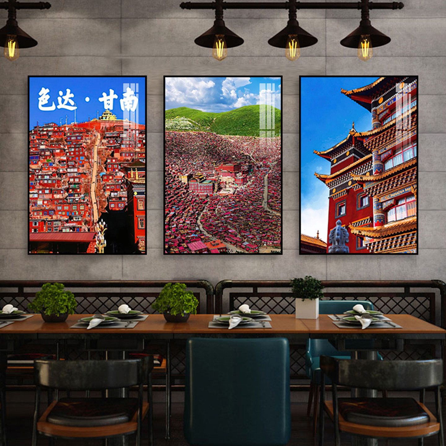 川西色达建筑风景装饰画藏族风情饭店餐馆挂画藏式酒店民宿壁画