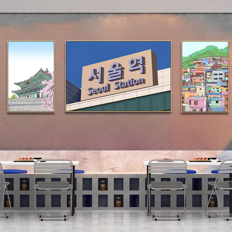 韩国烤肉店装饰画韩式餐厅料理店墙面挂画街头餐厅韩文壁画