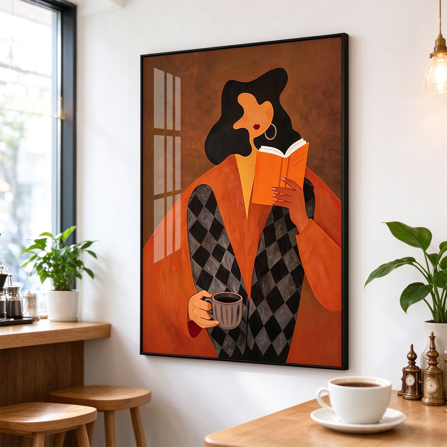 慵懒少女装饰画中古风直播间背景挂画客厅咖啡角厨房餐厅卧室壁画