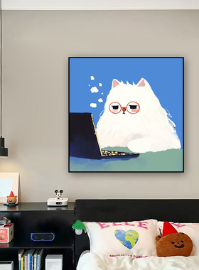 卡通猫咪装饰画办公室墙面挂画书桌书房卧室生气恶搞办公小猫壁画