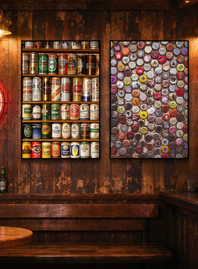 啤酒罐瓶盖装饰画工业风酒吧清吧挂画啤酒屋酒馆餐吧烧烤店壁画
