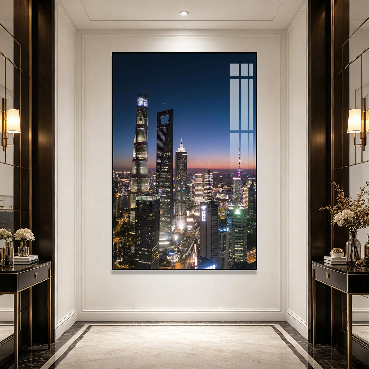 现代轻奢城市客厅玄关装饰画上海夜景壁画香港深圳地标建筑挂画