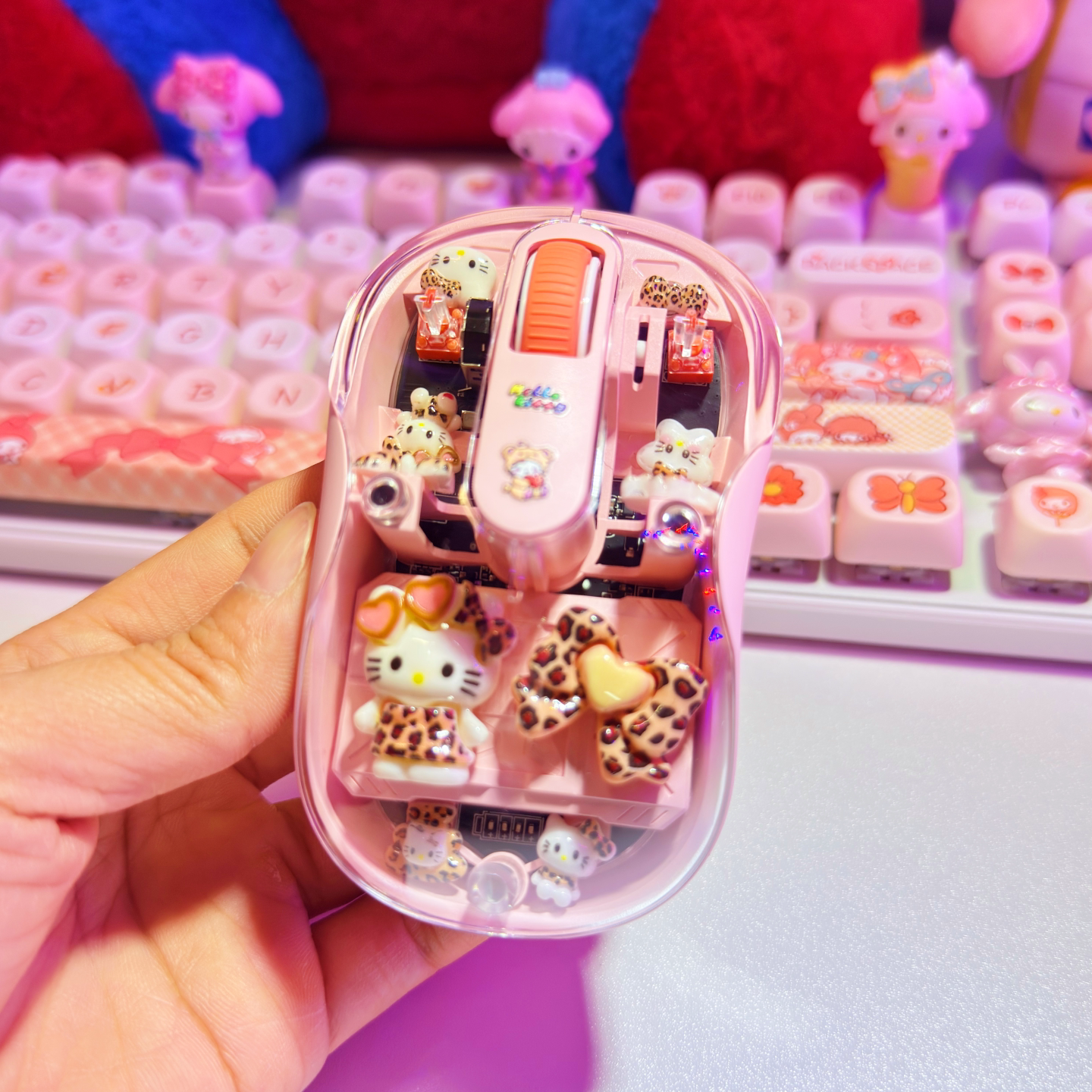 HelloKitty透明DIY无线蓝牙鼠标静音充电发光笔记本用豹纹KT鼠标