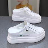 新款 爆款 网面半拖小白鞋 网红2025夏季 休闲厚底包头内增高女鞋 外穿