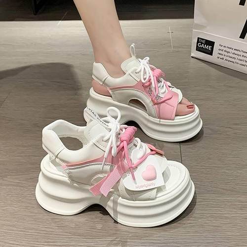 欧货厚底松糕露趾凉鞋女2025夏季新款百搭小个子增高运动罗马凉鞋