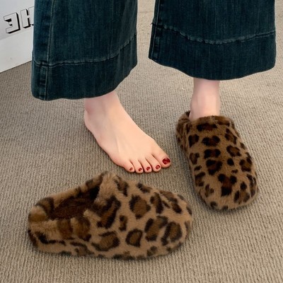 豹纹勃肯毛毛包头半拖鞋女外穿2025秋冬新款雪地靴加绒保暖棉拖鞋