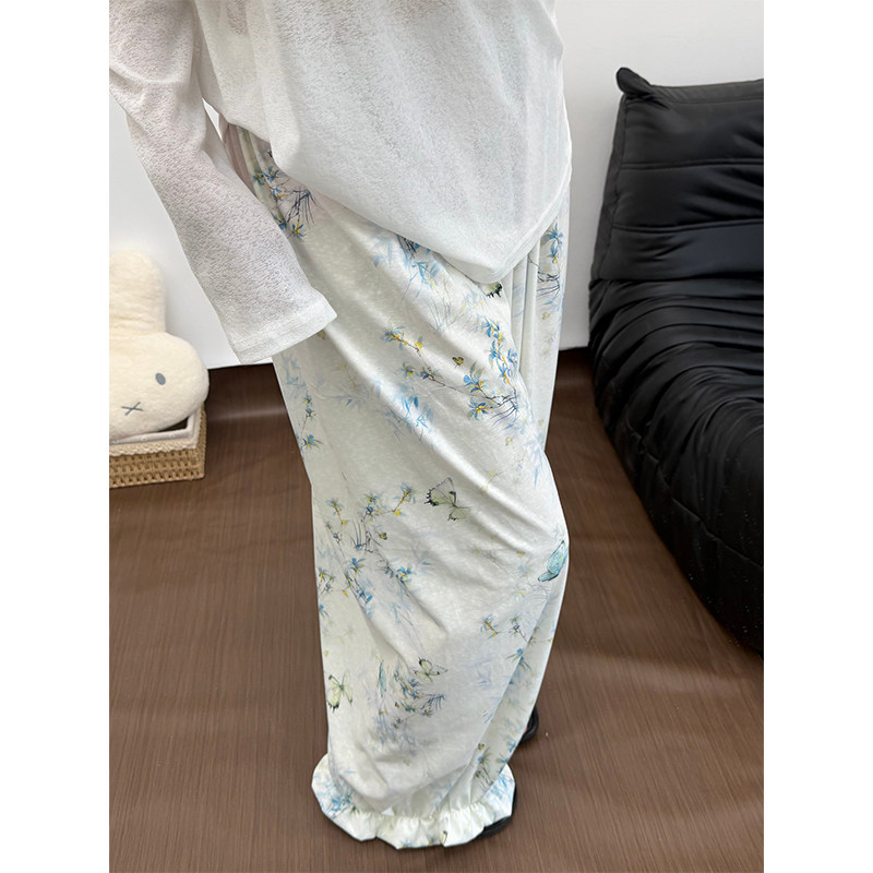 春秋夏季新款胖MM加大码网红阔腿花苞裤子女宽松显瘦可外穿睡裤潮