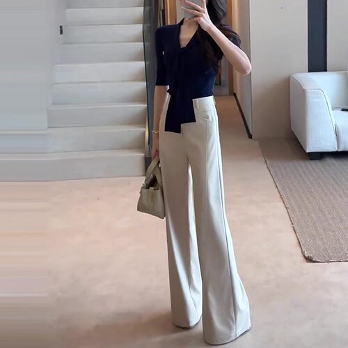 垂坠感高腰杏色西装裤子