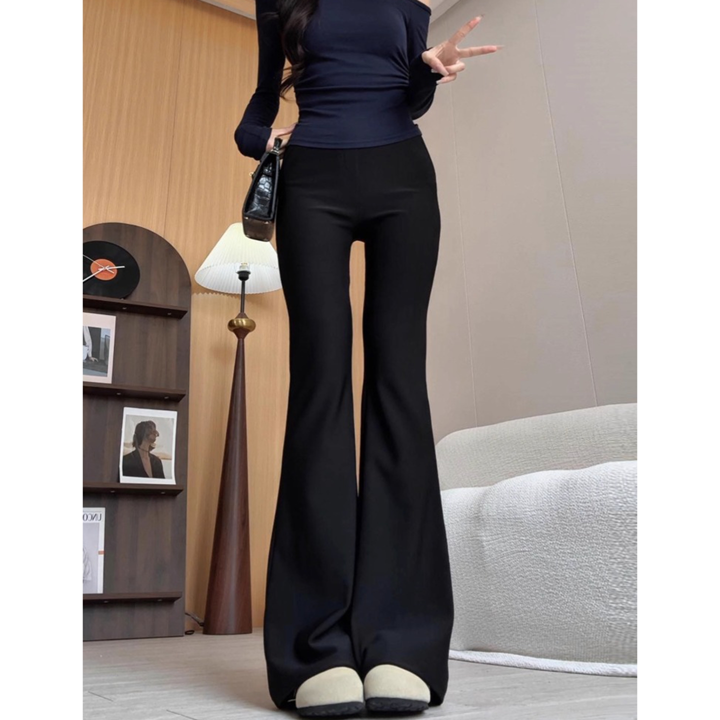 黑色微喇西装裤女修身垂感马蹄裤