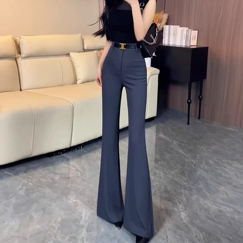 灰色气质高腰微喇西装裤女