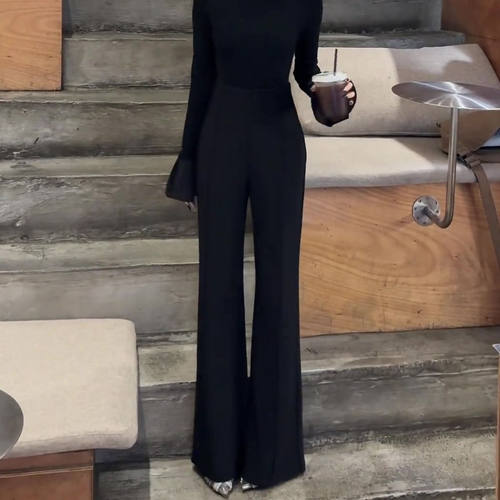 黑色高腰显瘦垂感阔腿西装裤