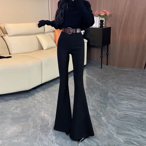 黑色高腰微喇西装显瘦鱼尾喇叭裤