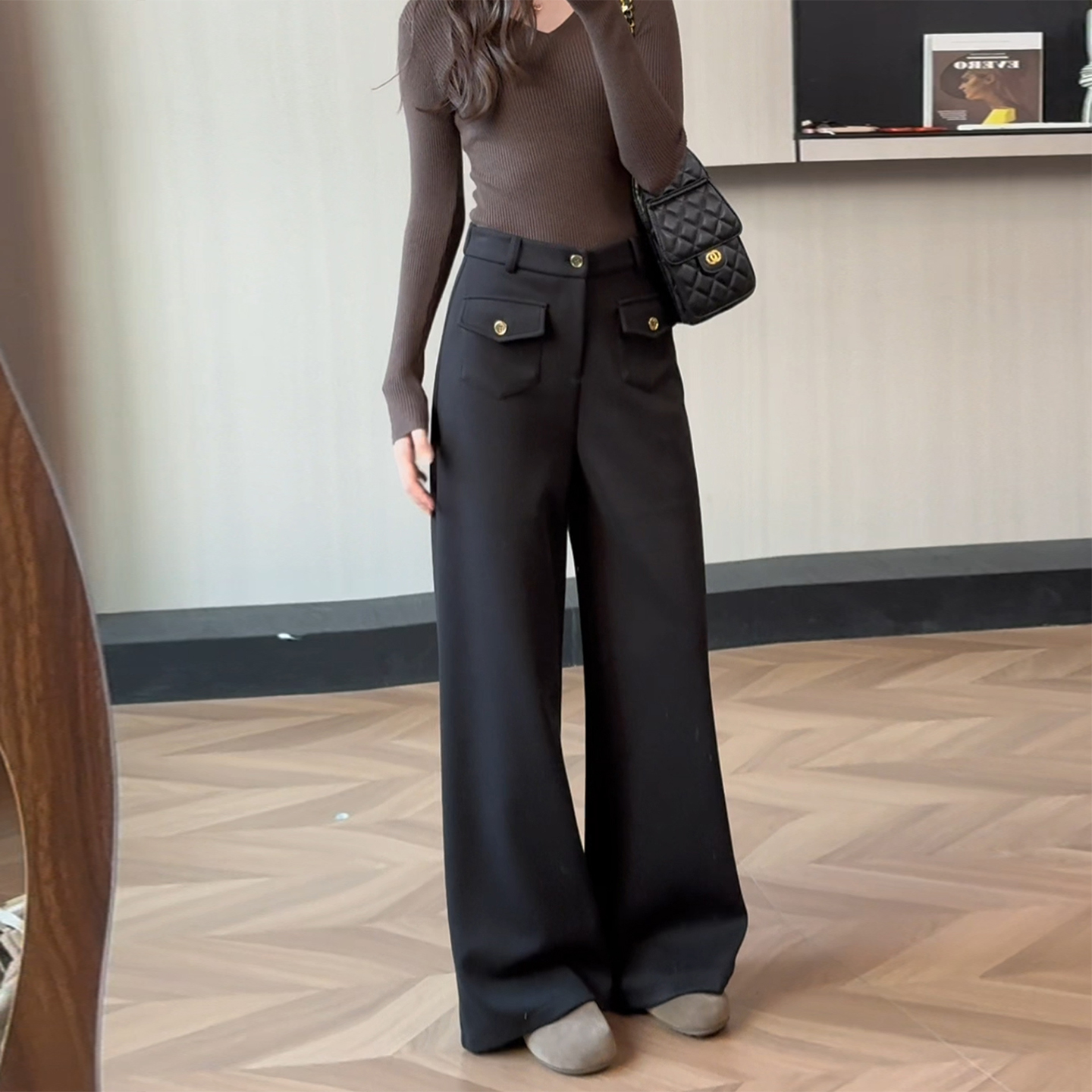 黑色窄版毛呢西装裤女垂坠感