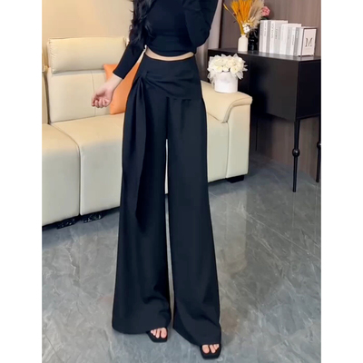 黑色高腰绑带直筒阔腿西装裤女