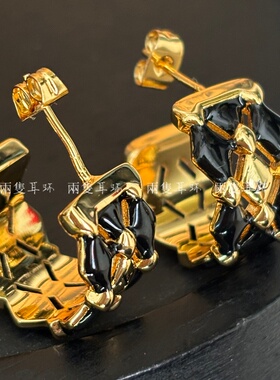 925银针黑色珐琅滴釉C型金色字母耳圈法式气质百搭耳环气质简约女