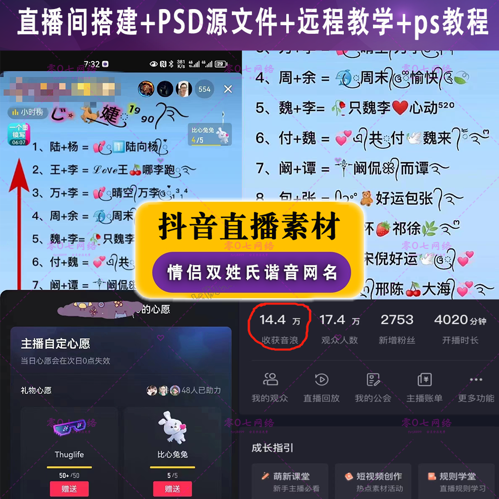 抖音 半无人直播双人情侣姓氏谐音成语快手微信动态花式网名素材
