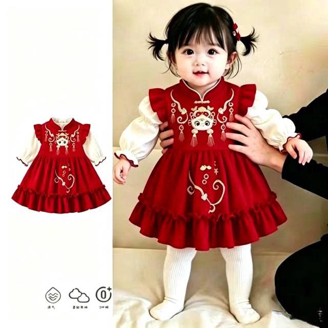 春秋新款女童连衣裙百天宝宝礼服生日抓周中式红色周岁婴儿公主裙图片