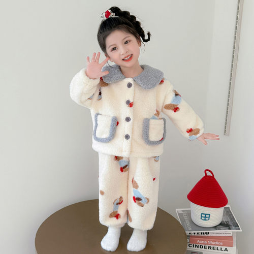 女童冬季珊瑚绒加厚保暖睡衣套装