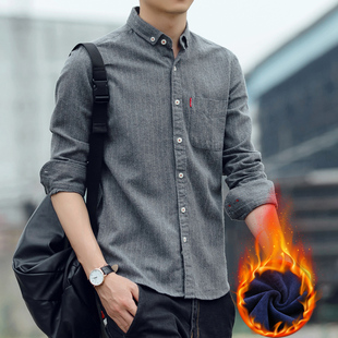 上衣外套男装 衬衣痞帅加厚休闲加绒衬衫 条纹磨毛保暖棉长袖 冬男士