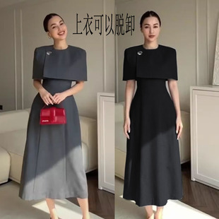 2025夏季新款圆领斗篷优雅高级感连衣裙时尚气质收腰女神大摆长裙