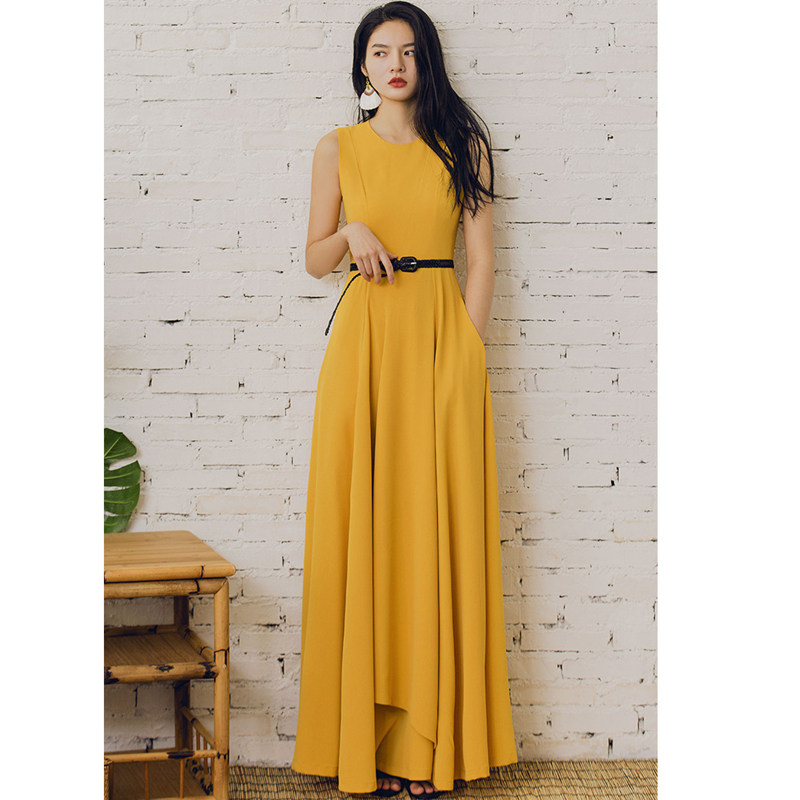 欧美春夏装新款修身显瘦大摆女装气质名媛无袖打底开叉连衣裙